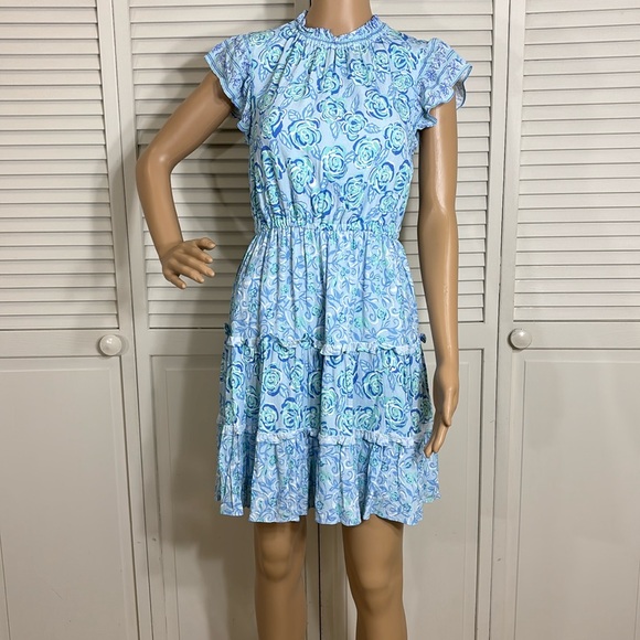 Sail to Sable Floral Mini Ruffled Blue Dress XS - Picture 1 of 13